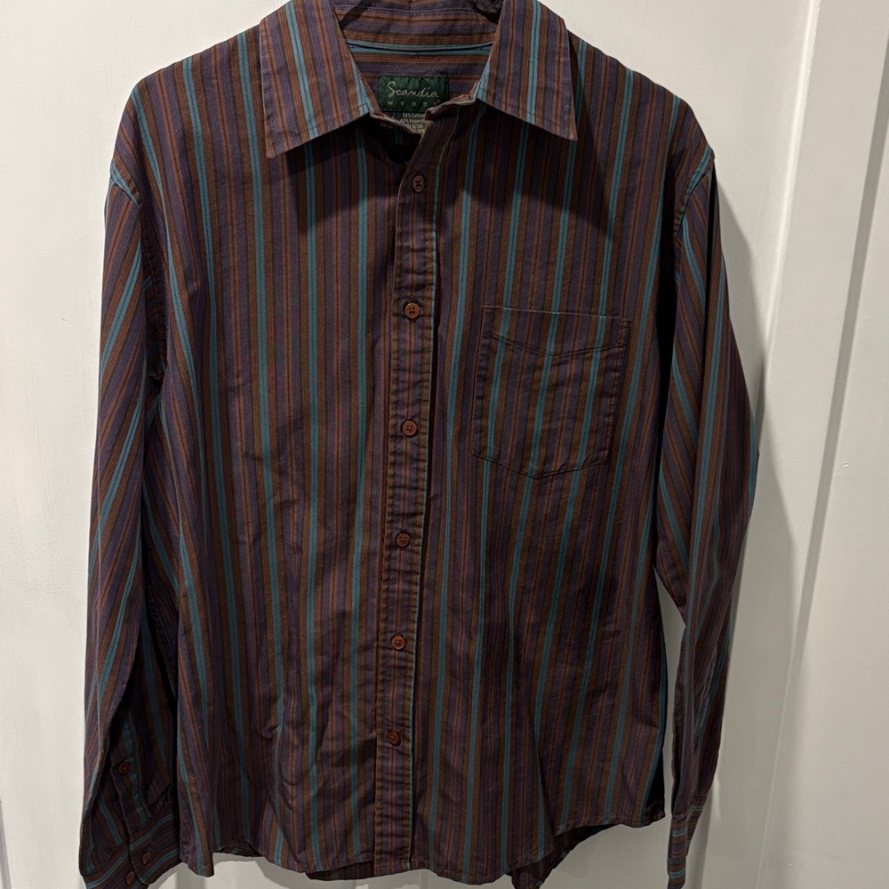 Casual Long-Sleeve Striped Button-Down Shirt — Brown with Blue Stripes